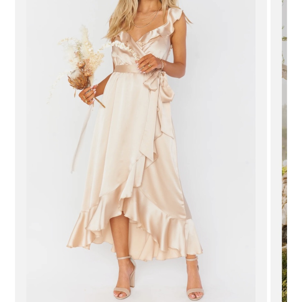 Show Me Your Mumu Samantha Ruffle Wrap Dress Champagne Luxe Satin S